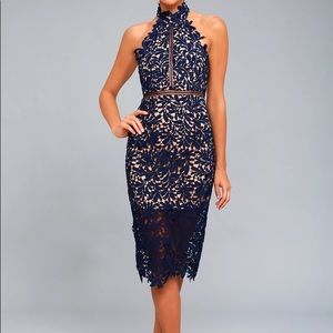 BRAND NEW - NEVER WORN - Lulu’s Divine Destiny Navy Blue Lace Midi Dress - XS